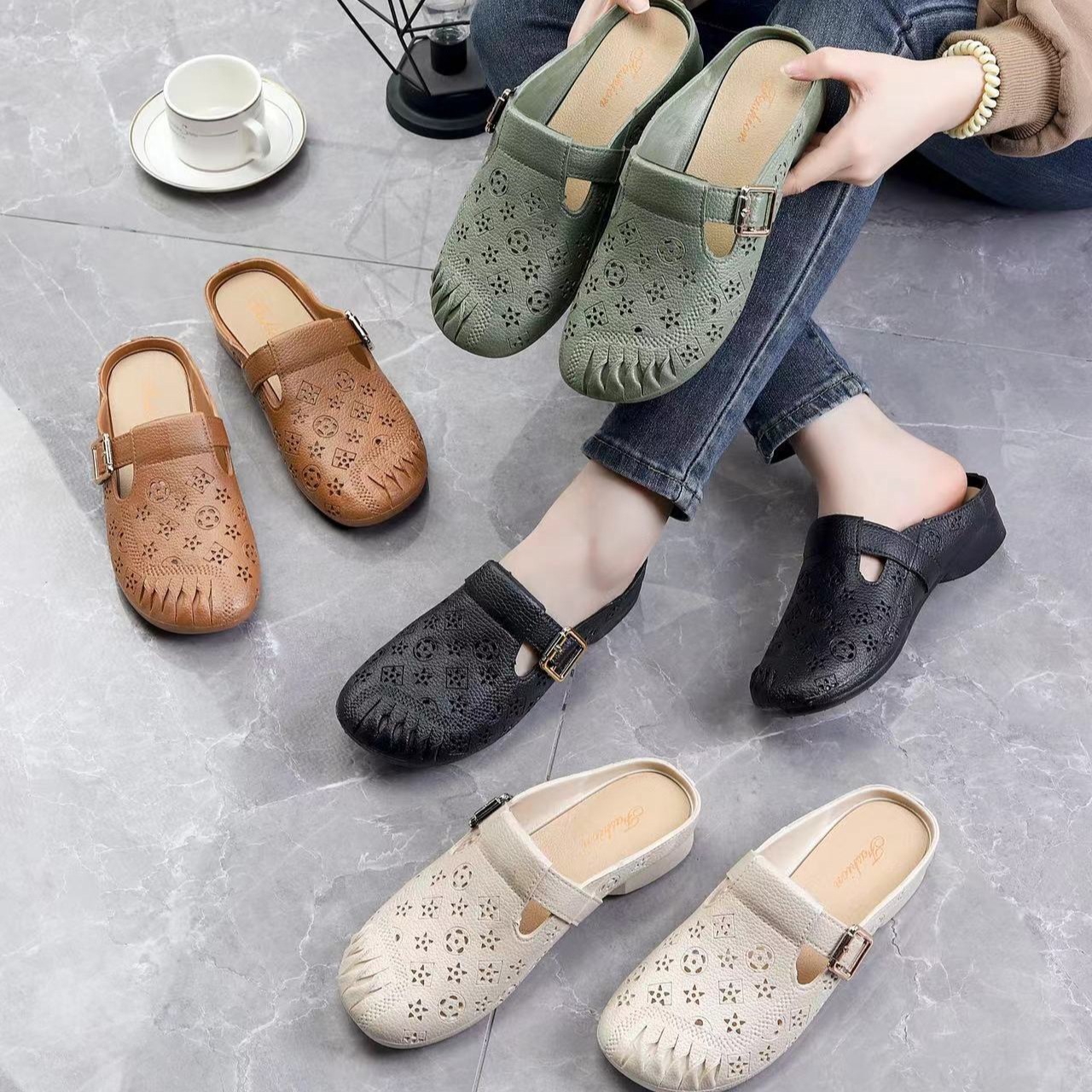 Модные новые полутеплые сандалии для женщин 2024 года, обувь для матерей, полупрозрачные, для среднего и пожилого возраста, мягкая подошва, водонепроницаемые, нескользящие