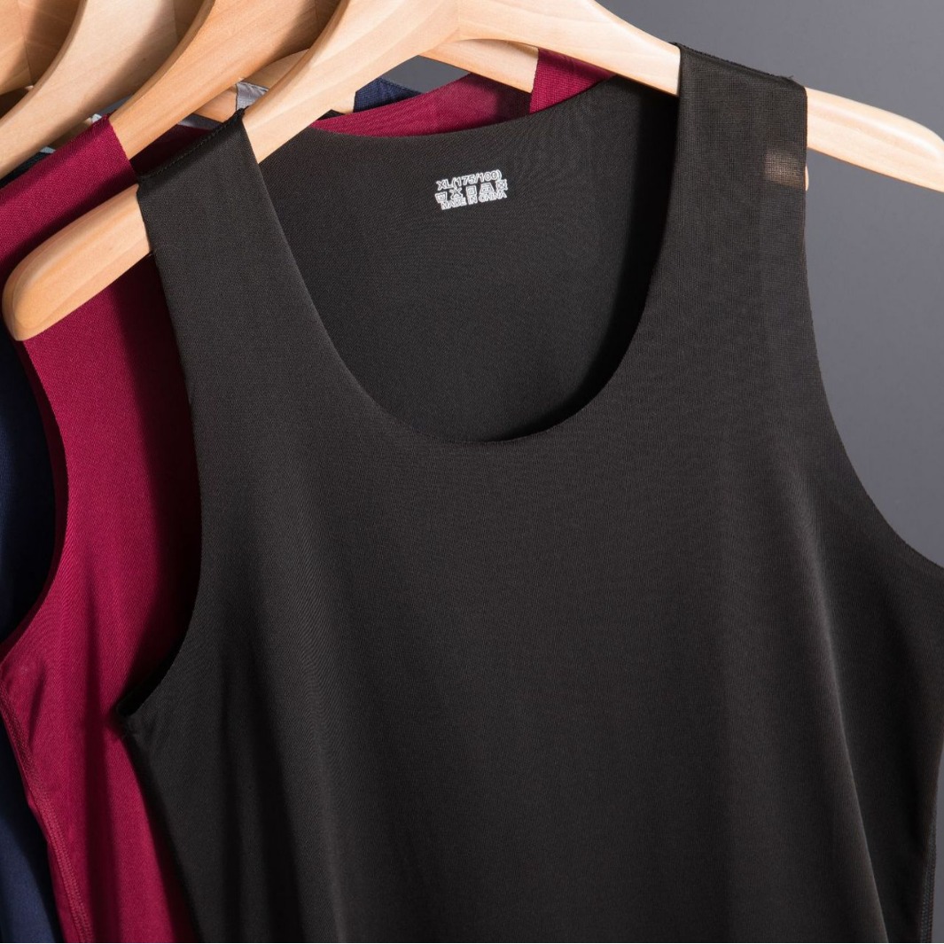 Men's Traceless Wide Shoulder Vest Sleeveless Round Neck Random-cut Ice Silk Tight-fit Sports Hurdle Super Elastic Summer Slim-fit