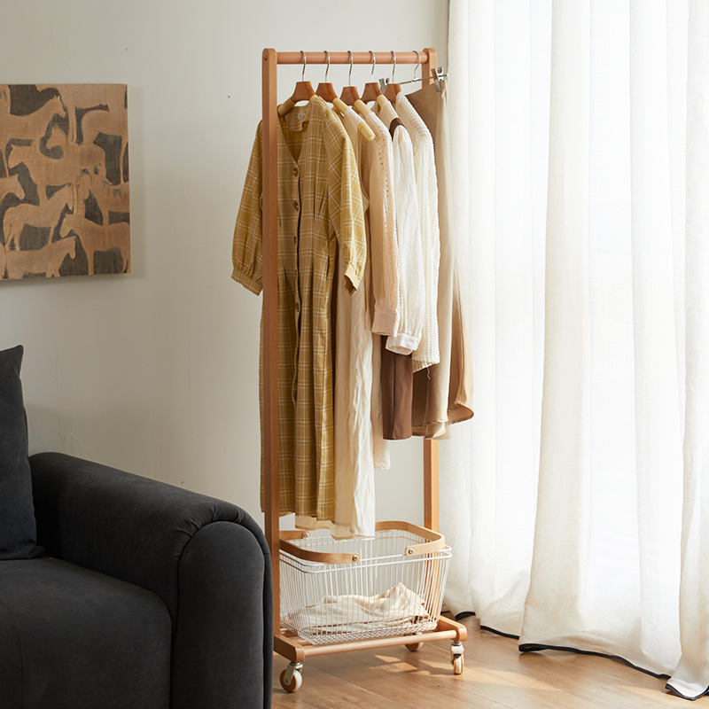 Solid Wood Coat Rack Floor Household Bedroom Hanger Indoor Room Simple Removable Dirty Clothes Basket Drying Rack