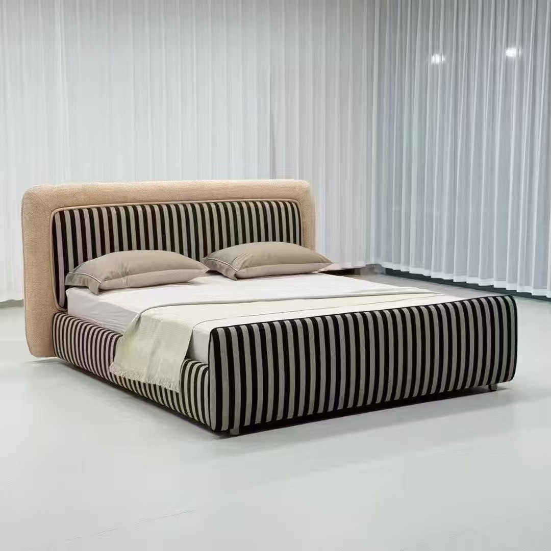 Italian-Style Fabric Bed with Lambswool Black and White Striped Bed, High-End Custom Design Velvet Bed for Luxury Villas, Double Bed