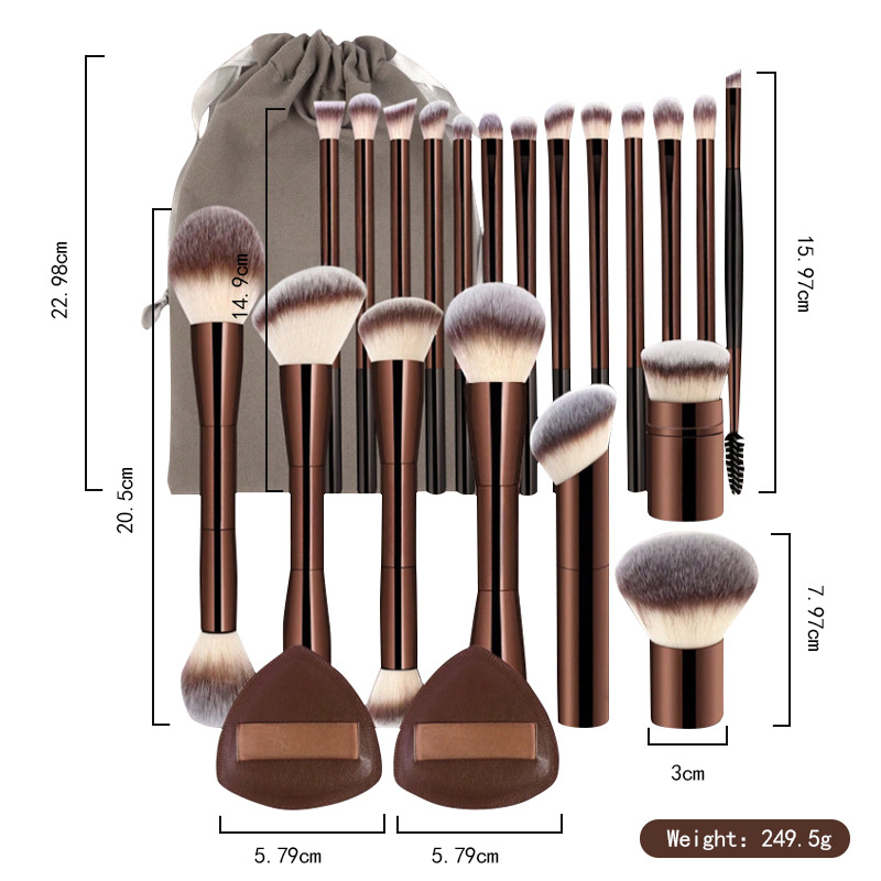 20-Piece Coffee-Colored Aluminum Tube Makeup Brush Set with Mushroom Head Powder Brush, Retractable Makeup Brush, and Non-Absorbent Powder Puff