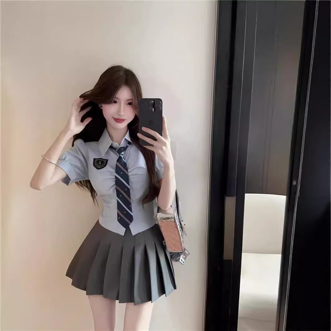 Korean Style Sweet JK Uniform College Style Navy Collar Bow Tight Waist Short Sleeve Shirt High Waist Pleated Skirt suit Summer