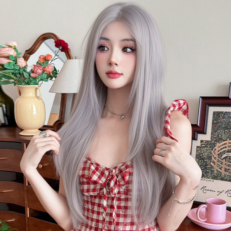 Long Straight Wig for Women with Small Lace, Synthetic Fiber, One-Piece Hand-Woven High-Temperature Fiber, Internet Celebrity Style, Purple-Gray, Middle Part