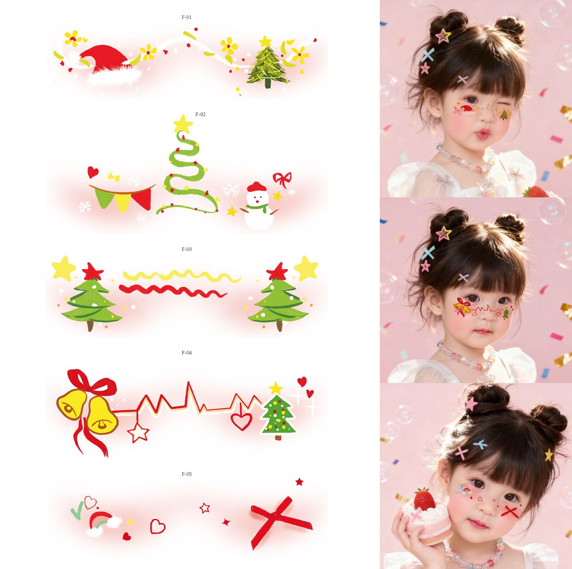 Christmas Face Stickers Cartoon Tree Performance Activities Water Transfer Tattoo Stickers Sprinkled with Colorfulful Bells and Snowflakes Holiday Stickers