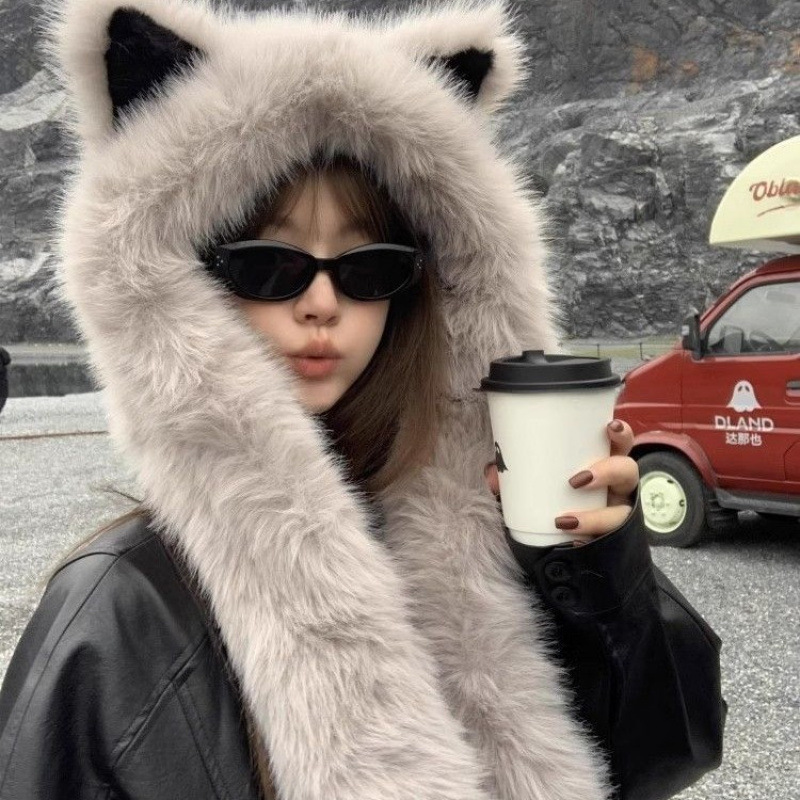 New Plush Fox Ear Scarf Hat Winter Fluffy 2025 Face-Slimming Warm Ear-Protecting Trapper Hat