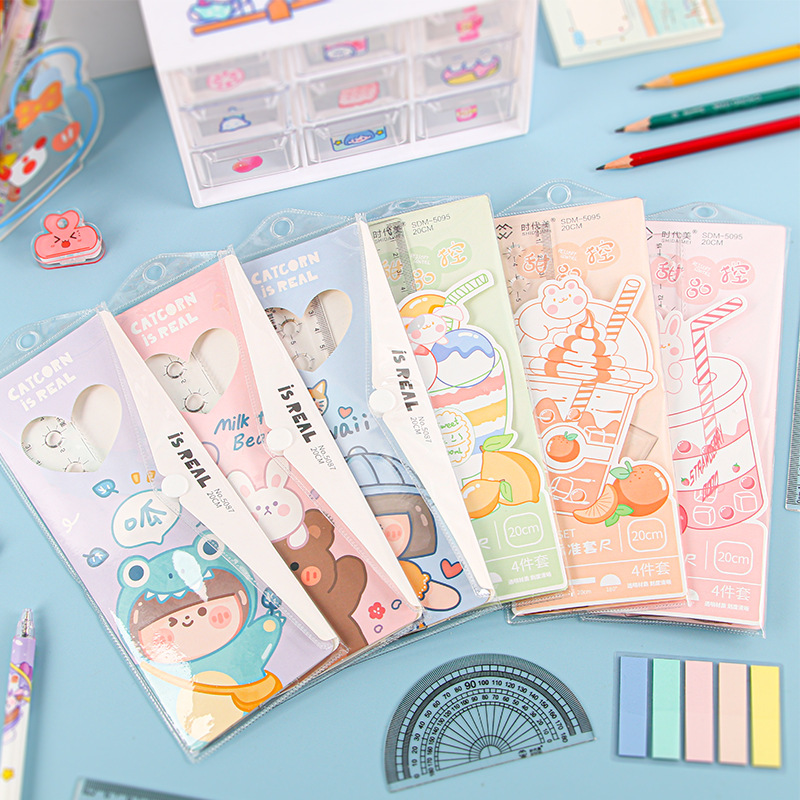 Cartoon set ruler four-piece children's high-value triangle ruler protractor ruler suit primary school stationery wholesale
