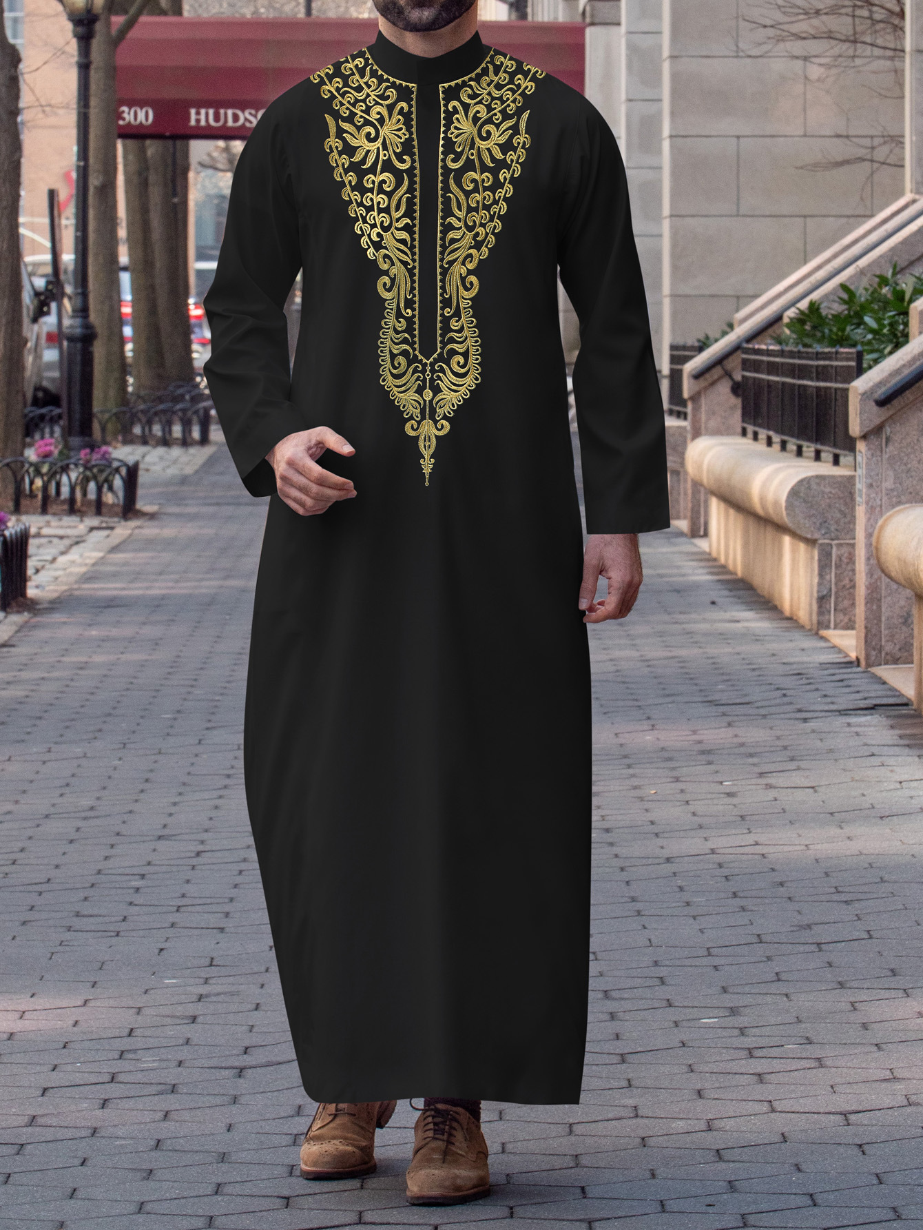 New Cross-border Middle East Trade Muslim Long-sleeved Embroidery Ethnic Arabian Men's Loose Robe (in stock