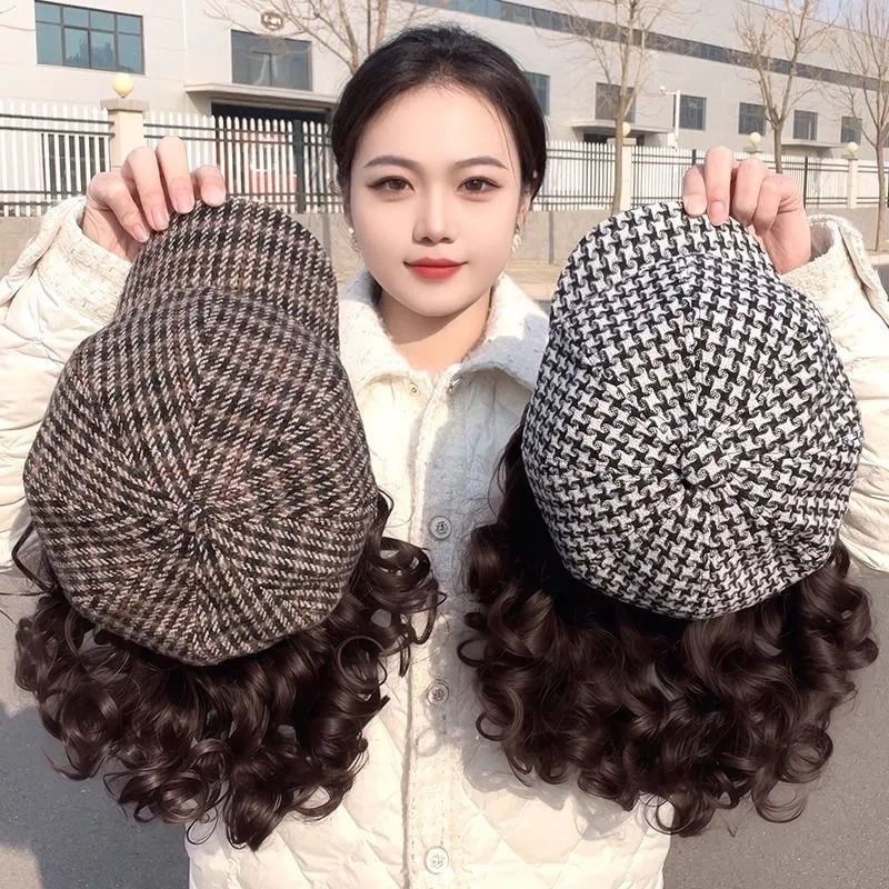 Шляпа-парик осенне-зимнего нового стиля, короткие кудрявые волосы, шляпа в гусиную лапку, модный универсальный элегантный головной убор