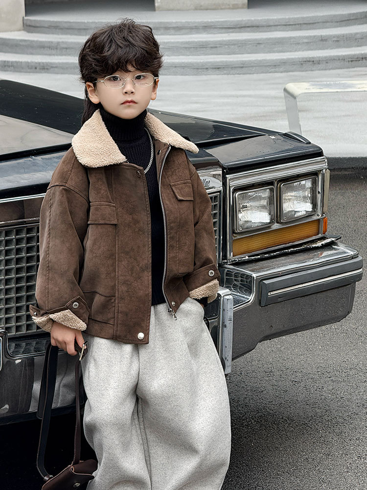Boys' Fur Collar Jacket 2025 Autumn and Winter New Style Fleece-Lined Thickened Children's Leather Jacket Stylish Trendy One-Piece Wholesale