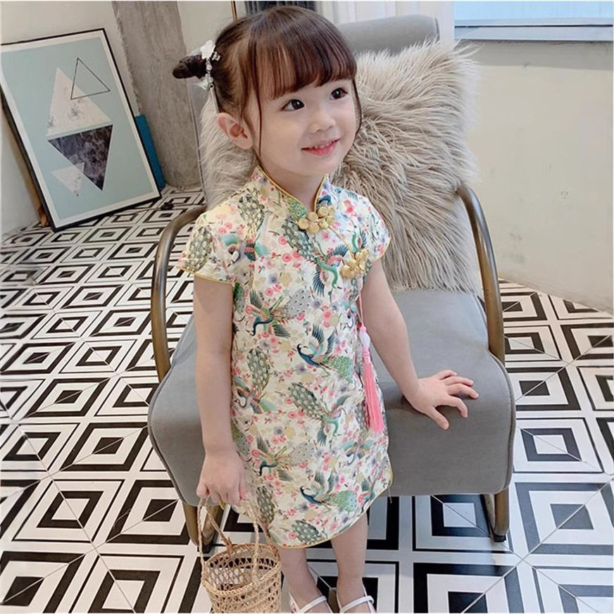Girls Chinese style retro Hanfu summer children's western style cheongsam dress baby skirt cross-border a generation of hair
