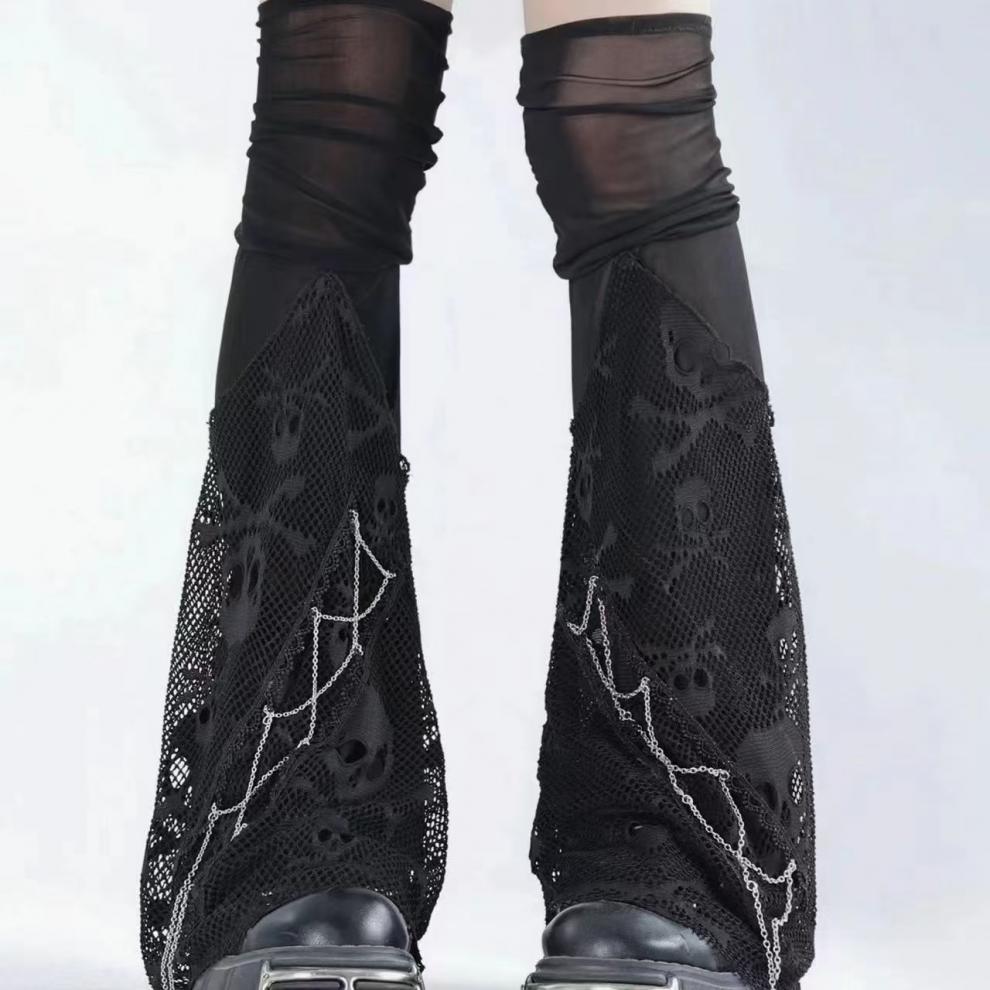 Skull Over-The-Knee Leg Warmers, Sexy High Stockings, Hollow Dark Subculture Calf Socks, Mesh Flared Pile Socks