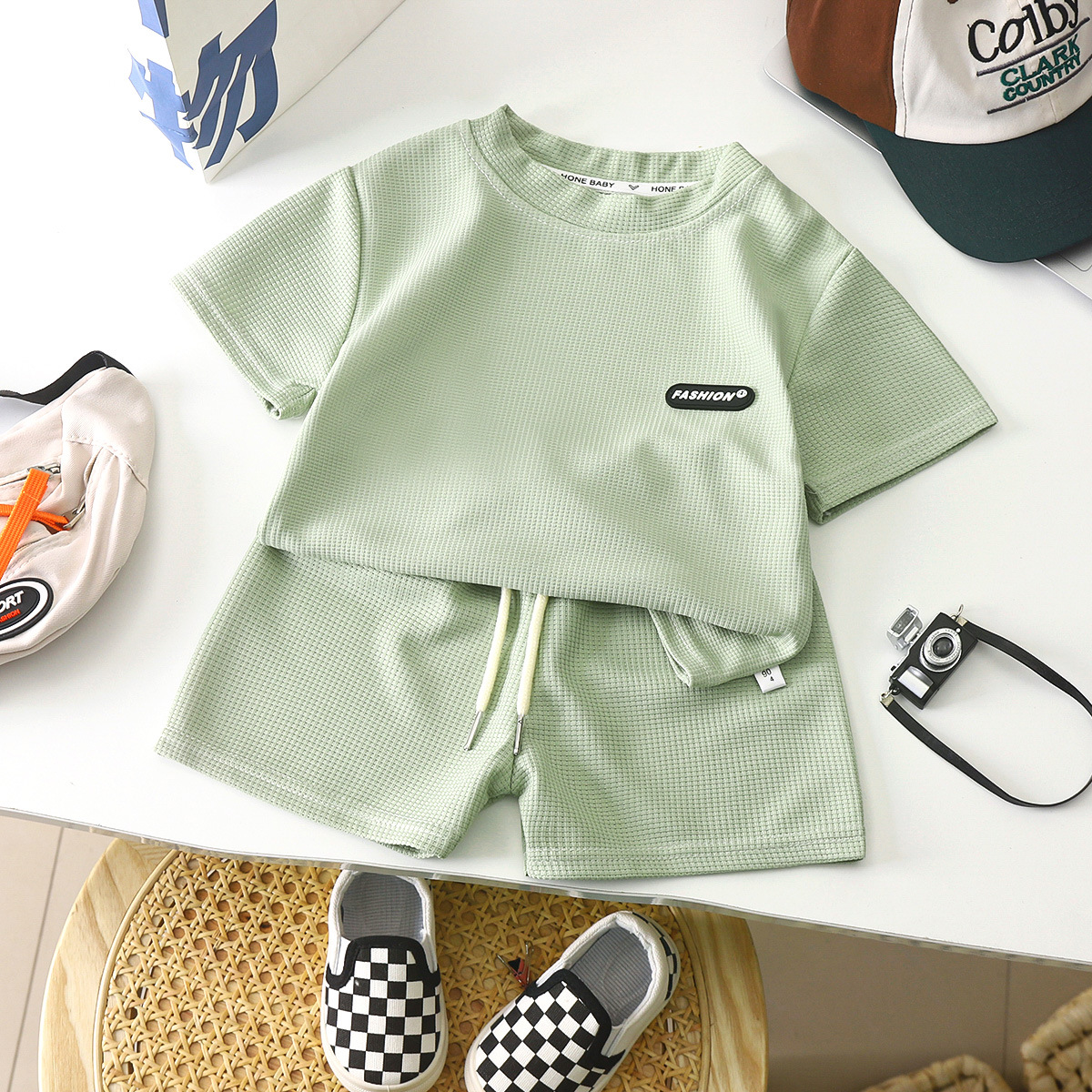New children's clothing summer children's casual suit loose clothes boys short sleeve waffle baby Summer Wholesale