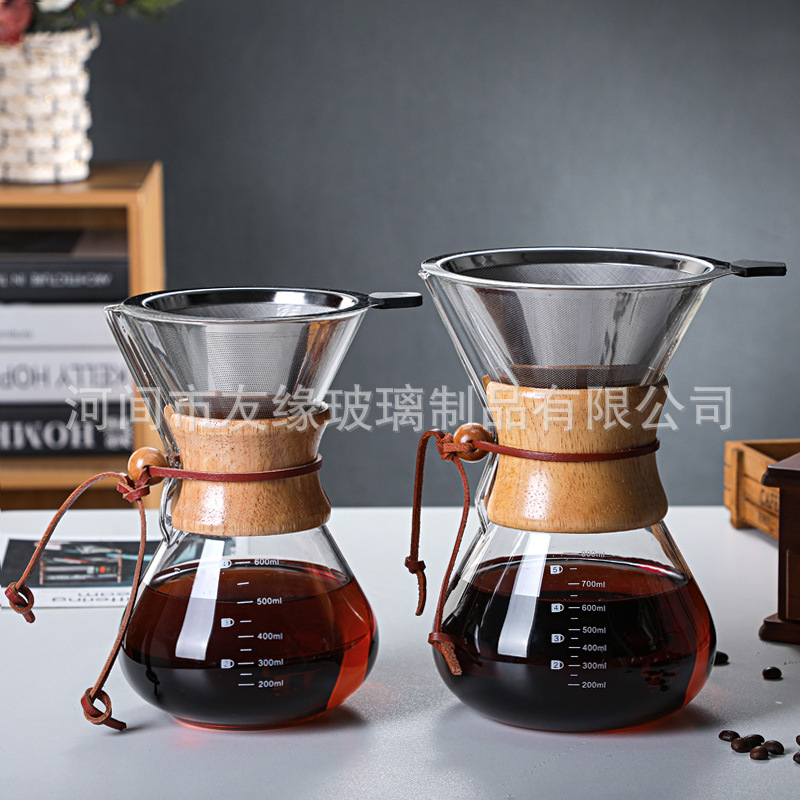 Hand coffee pot household high borosilicate glass coffee sharing pot anti-scalding wooden handle can be printed logo manufacturers wholesale