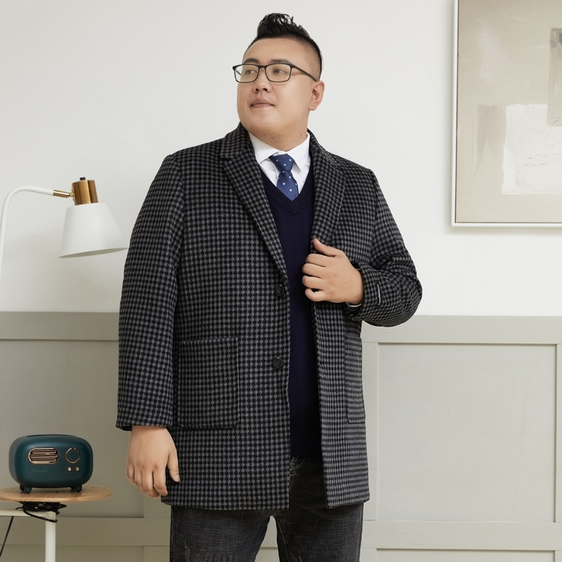 Autumn and Winter New Mid-length Business Woolen Coat Extra Large Size Fat Jacket Men's Wool Plaid Coat