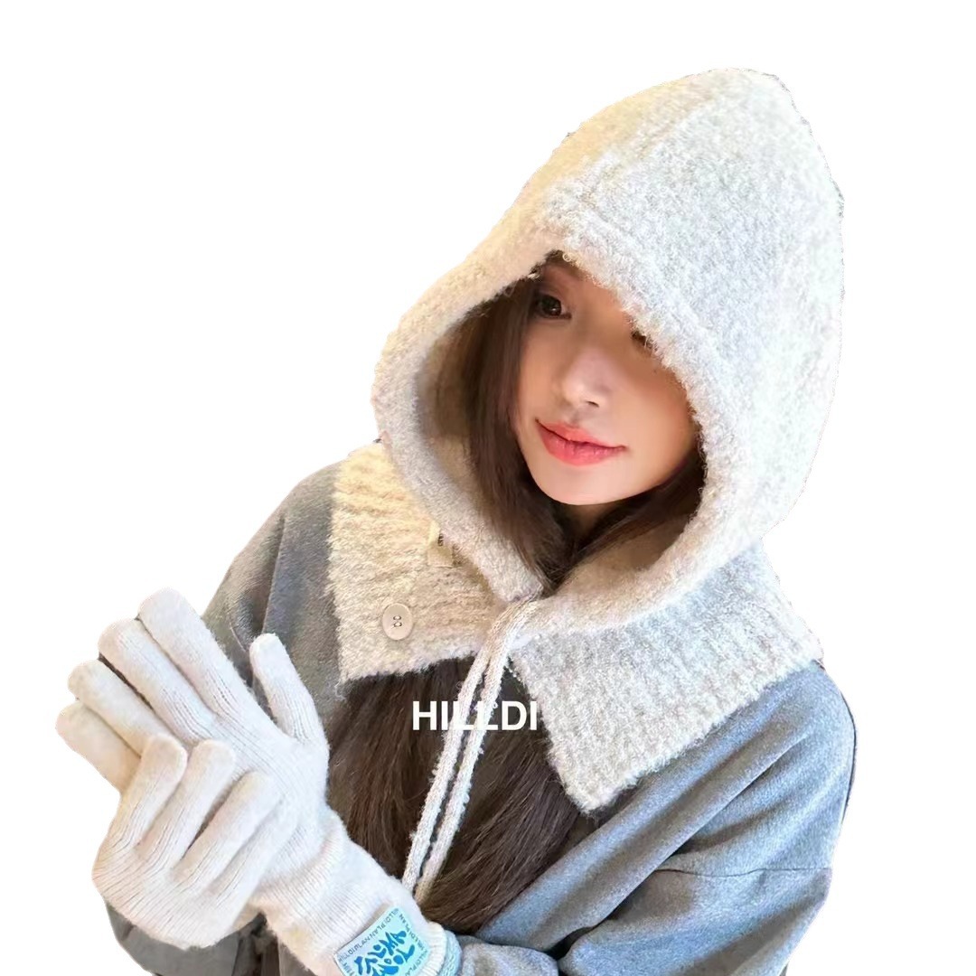 South Korea Balaclava Hat Women's Winter Warm Scarf One-piece Hooded Neck Knitted Wool Hat Cross-border