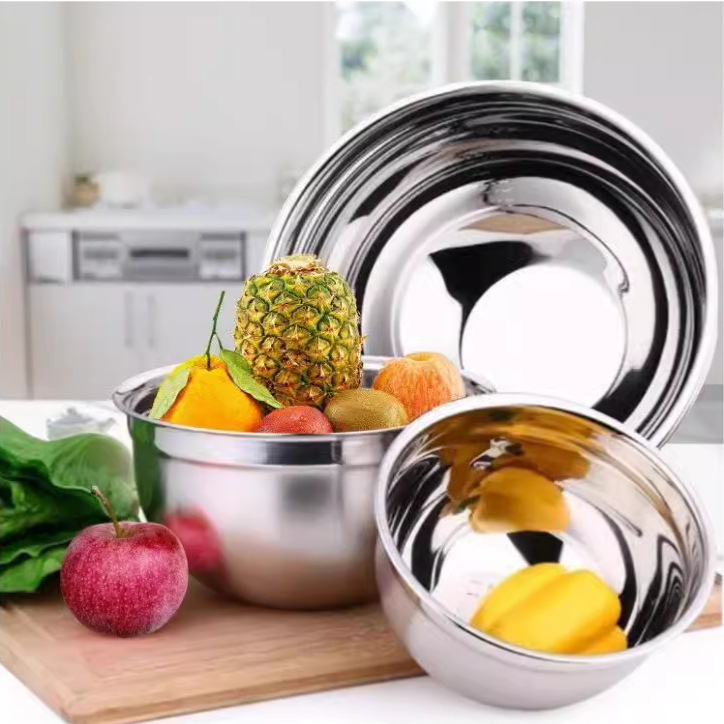 Cross-Border Thickened Stainless Steel Salad Bowl with Black Silicone Non-Slip Bottom and Lid, Egg Beating Bowl Set, Baking Mixing Bowl, Thickened