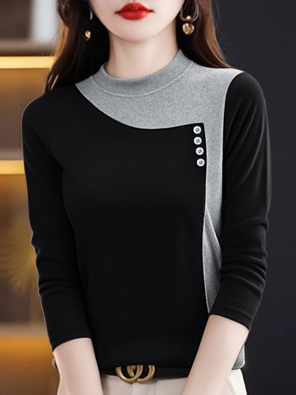 Autumn and Winter Popular Mother's Clothing, Velvet Fleece-Lined Half Turtleneck Color Matching Top, Buttons Decorated to Enhance the Sense of Luxury