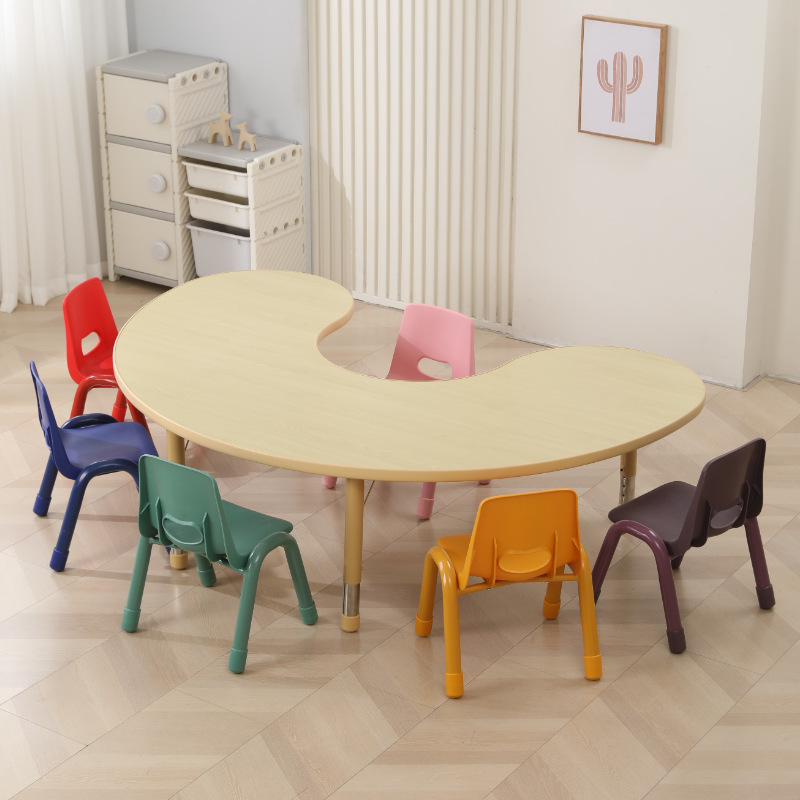 Children's Table and Chair Set Solid Wood Lifting Moon Table Baby Learning Crescent Arc Table Kindergarten Semicircle Table Plus T&