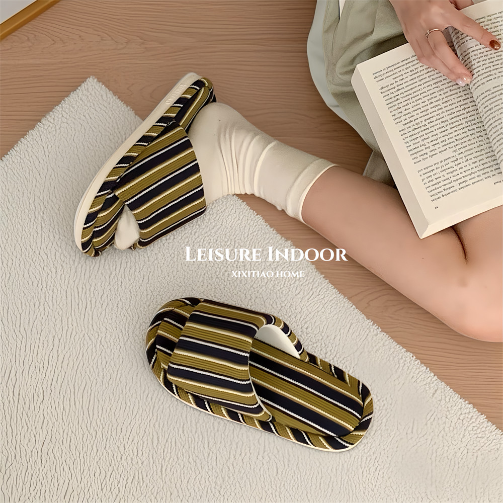 Thin Strips of Simple Stripesd Home Floor Shoes Japanese Style Cotton and Linen Soft Sole All Year Round Universal Air-Conditioned Room Slippers for Women Ins