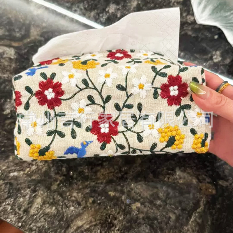 Pastoral Style Pure Cotton Embroidered Tissue Box Living Room Home Flower Coffee Table Paper Drawer Tissue Box Set Car Tissue Paper Set