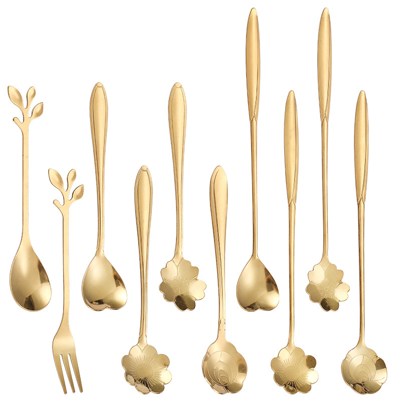 Stainless Steel Coffee Spoon Wholesale High-Looking Cherry Blossom Spoon Household Stirring Spoon Golden Dessert Spoon Bird's Nest Gift Spoon