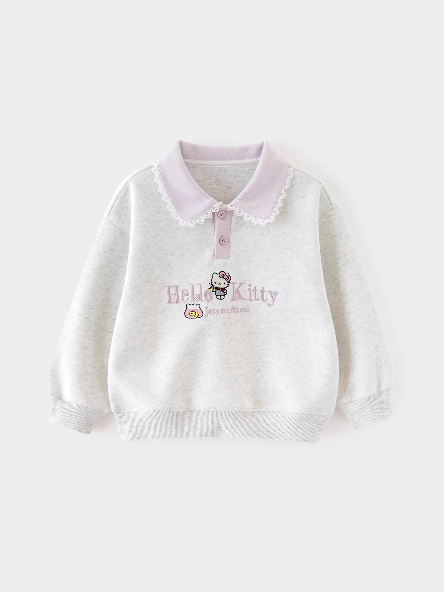 2025 New Autum Girls Polo Collar Sweatshirt Embroidered Kt Cat Lace Fashionable Family Top Long Sleeves