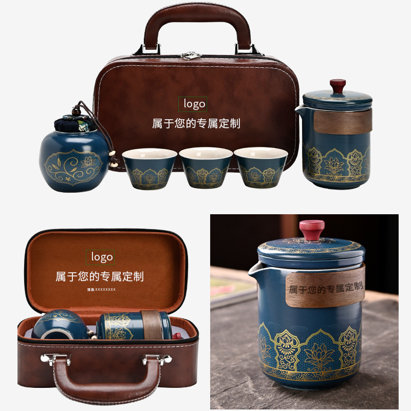 Ceramic ancient rhyme travel tea set fast guest cup set custom tea portable car one pot three cups business gifts