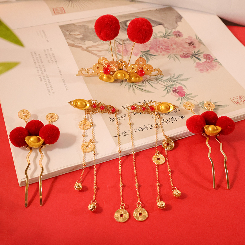 Национальный стиль красный меховой шар серебряный слиток медные деньги аксессуары для волос