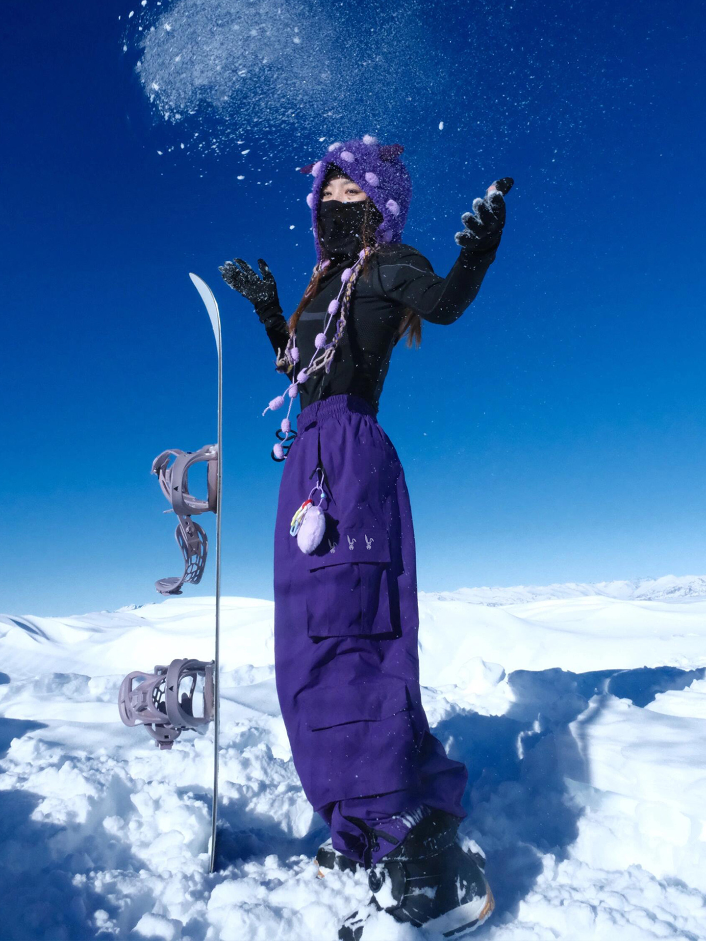 Night Skiing Reflective Rabbit Ski Pants Fleece-Lined Single Board Double Board Waterproof Warm Outdoor Waterproof Men's and Women's Purple Snow Pants
