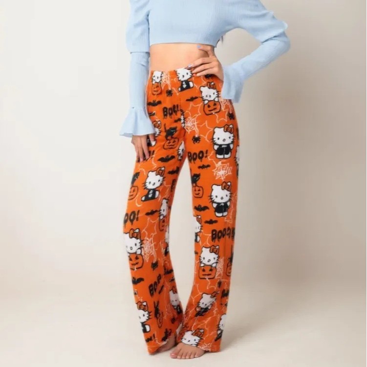 Cartoon Cat Flannel Pajamas Women's Autumn and Winter New Coral Velvet Thickeneded Fleece-Lined Warm Casual Home Pants