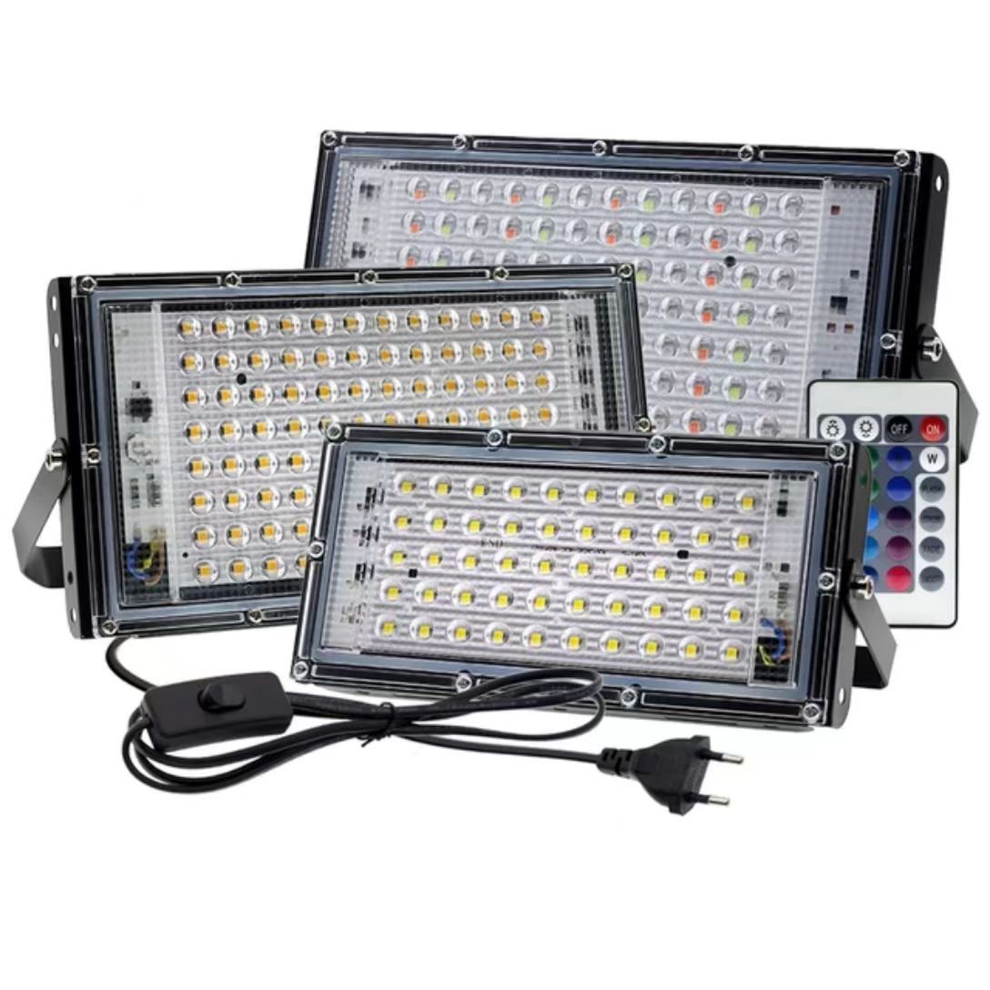 Cross-Border Indoor and Outdoor Floodlight with Remote Control Plug 50W Led Rgb Colorful Floodlight 220V Seven-Color Dimming