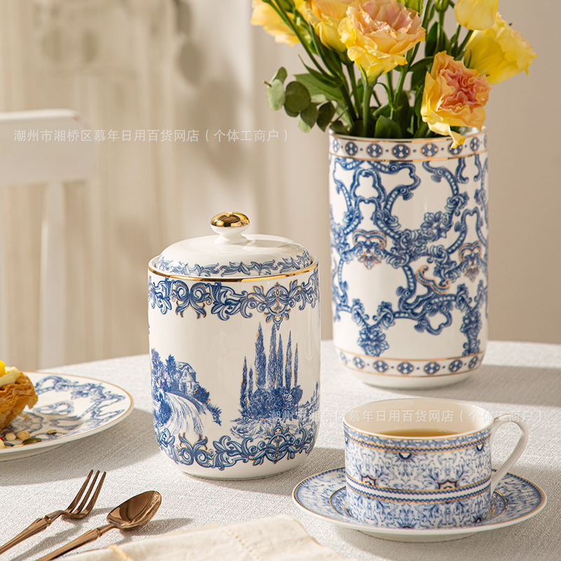 Turkish Style Blue and White Coffee Sugar Jar Small Storage Jar European Style Accessible Luxury Hotel Restaurant Gold Jar Storage with Lid