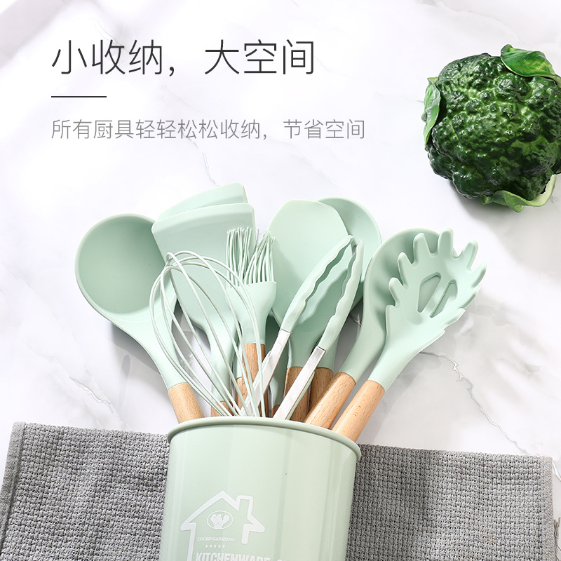 Cross-Border Kitchen Set Wooden Handle Silicone Spatula Cooking Spoon Non-Stick Frying Spatula 12 Sets Storage Bucket Ready for Sale