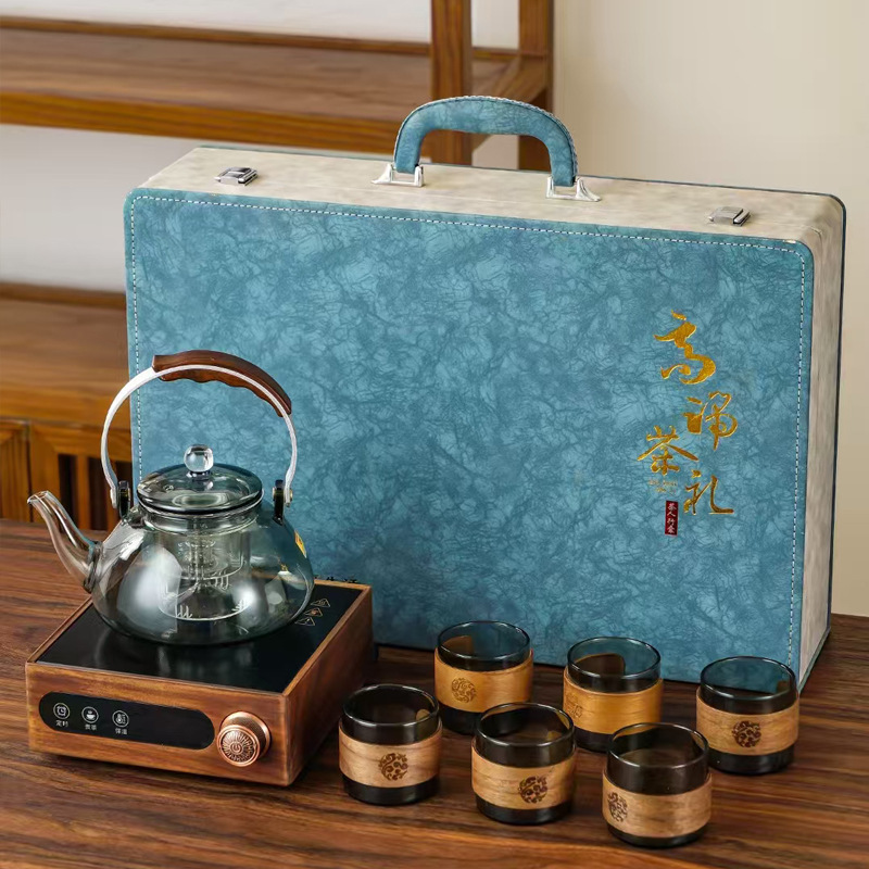 Новые высококачественные сувениры для бизнес-мероприятий, праздничные подарки, электрическая керамическая плита из массива дерева, набор подарочной коробки с термостойким стеклянным чайным набором