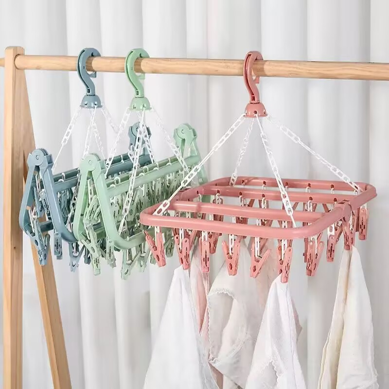 Folding Hanging Clothes Hanger with 32 Clips, Multifunctional Windproof Sock Clips, Clothes Drying Rack, Student Round Disc Clothes Rack