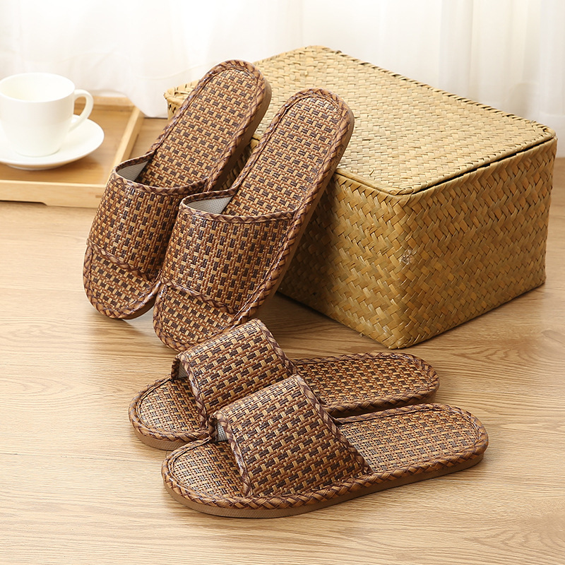 Summer Linen woven slippers women's home rattan indoor non-slip wear-resistant floor soft bottom men's home slippers