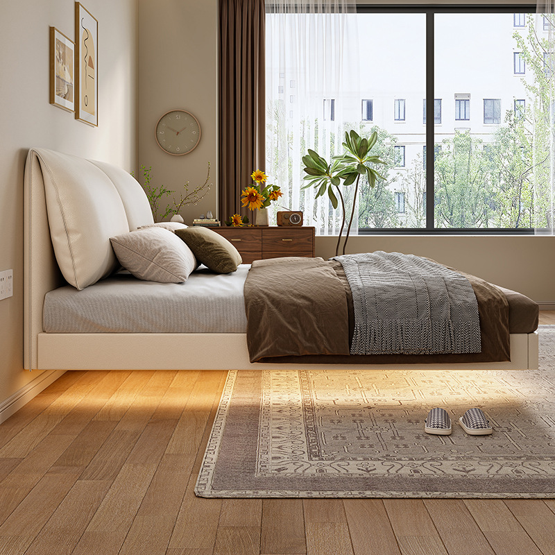 All Solid Wood Elephant Ear Soft Bag Suspended Bed Small Apartment Thin Bedside Cream Style Master Bedroom Large Bed Double Bed Wedding Bed