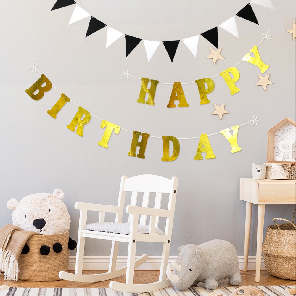 Golden Happy Birthday Hanging Flag Black and White Triangular Bunting Party Party Decoration Photo Props Restaurant Layout Hanging Decoration