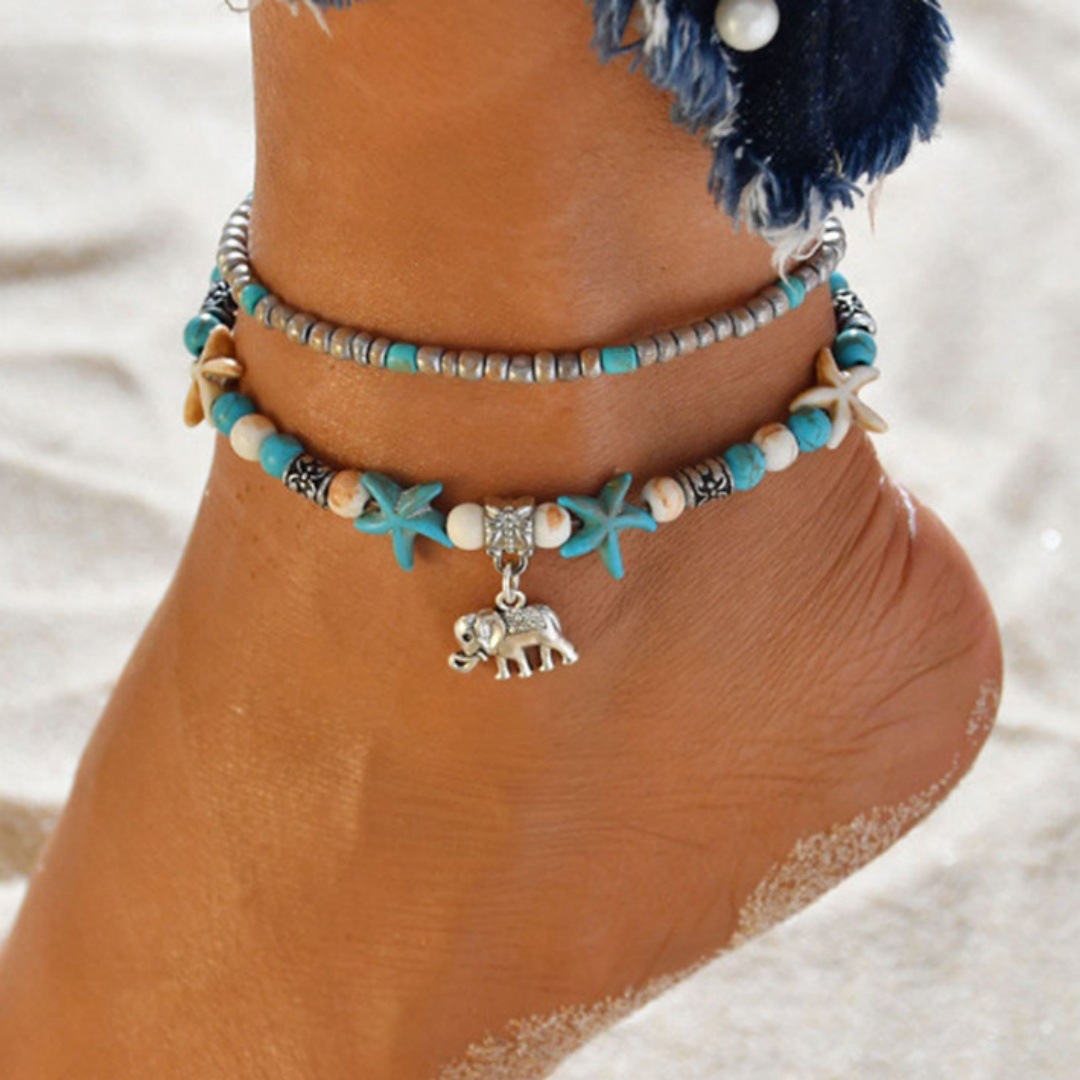 European and American Fashion Summer Beach Holiday Wind Turtle Fish Tail Tree of Life Shell Scallop Double Layer Multi-Style Foot Chain