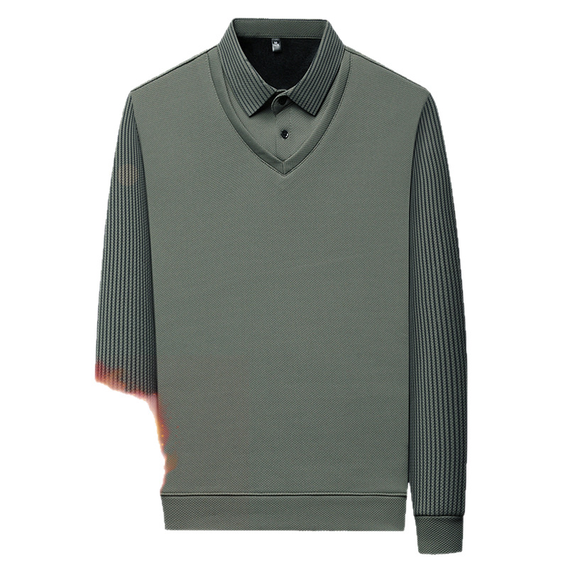 Winter new men's striped lapel T-shirt medium Green men's fashion casual fake two-piece bottoming fashion top wholesale