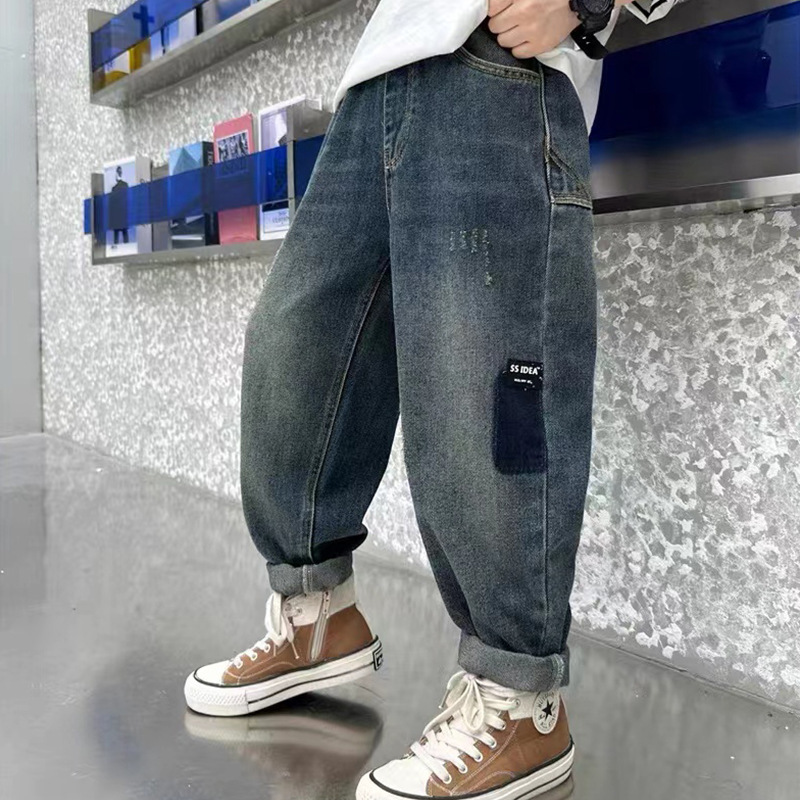 Boys' Jeans, Kidsren's Pants, Trendy Brand 2025 Spring & Fall New Style, Western Style Kidsren's Clothing, Medium and Large Kidsren's Loose Street Pants