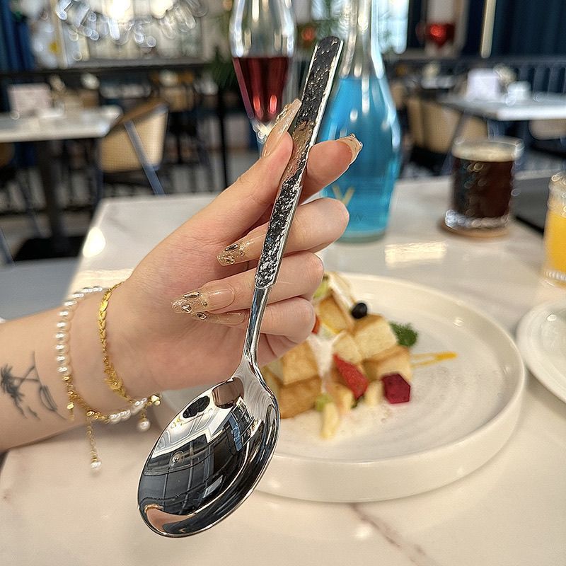 Ice Pattern Spoon Thickened Stainless Steel Household Adult Rice Spoon Long Handle Spoon for Eating Western Food Soup Spoon Student Spoon Spoon