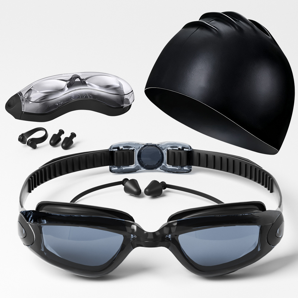 Cross-Border Amazon Popular Adult Swimming Goggles Set Hd Waterproof Anti-Fog Electroplated Swimming Goggles Swimming Cap Nose Clip Earplugs