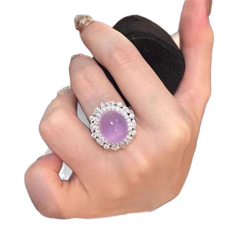 Wholesale Silver Plated Inlaid Luxury Ice Green Chalcedony New Chinese Ring Powder Agate Open Ring Women Live Supply