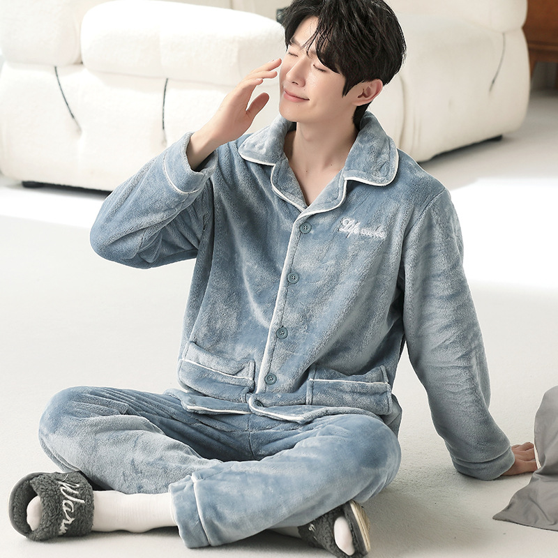 Autumn and Winter New Flannel Embroidery Solid Color Casual Casual Men's Pajamas Can Be Worn Outside Homewear Suit