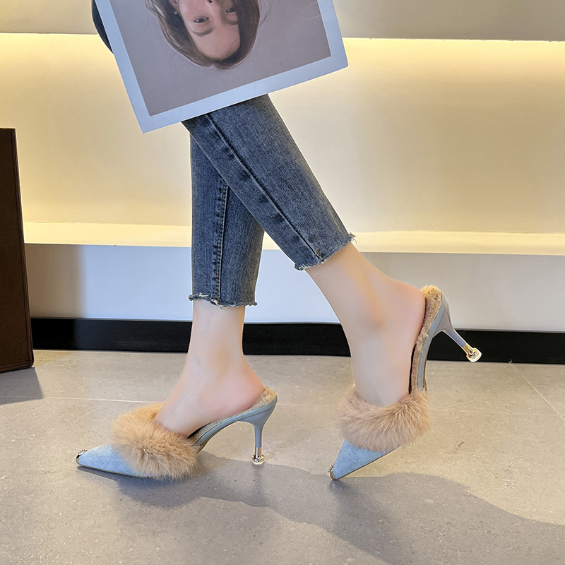 2025 Autumn and Winter Fleece-Lined Korean Style Stiletto Pointed Toe Furry Half Slippers for Outer Wear Baotou High Heel Mule Shoes Lazy Shoes for Women