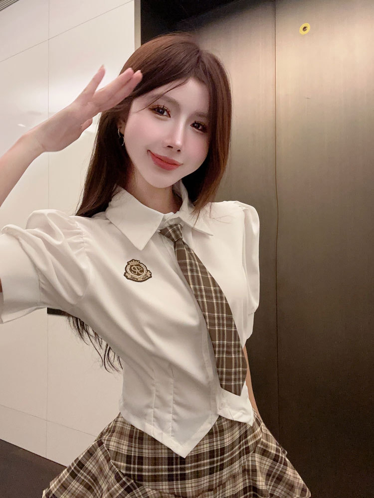 American Academy Style JK Uniform suit Women's Summer Cute Sweet and Spicy Bubble Sleeve Shirt Plaid Skirt Two-Piece Set