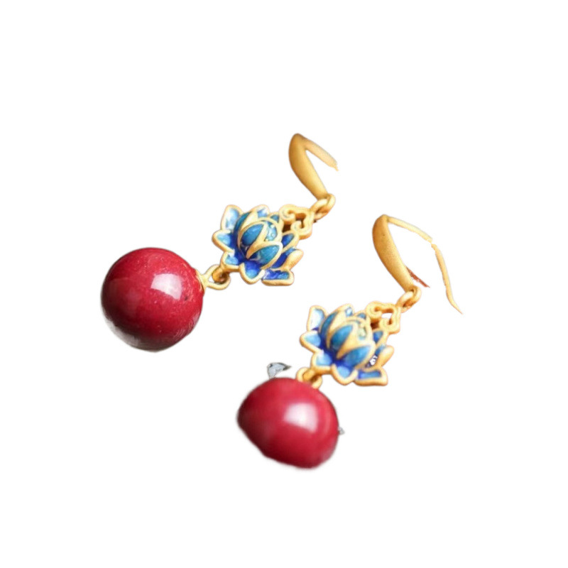 Authentic S925 Sterling Silver Gold-Plated Inlaid Purple Gold Sand Cinnabar Red Earrings for Women National Trend Palace Style Burnt Blue Lotus Authentic