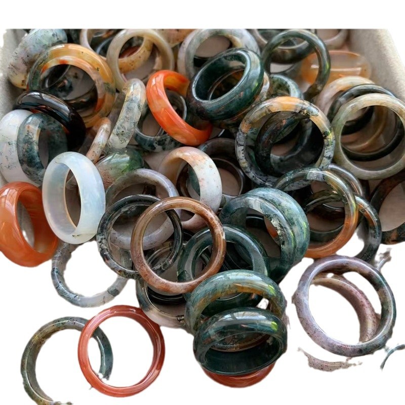Q3 Natural A Water Grass Agate Ring Chalcedony Ice through Literature Fan Guo Feng Su Circle Finger Running Ring Jade Finger