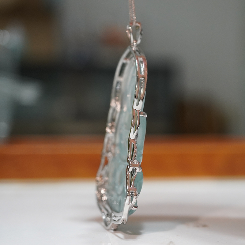 Platinum Pt950 Cultivated Diamond Jade Guanyin Inlaid Full Diamond Pendant